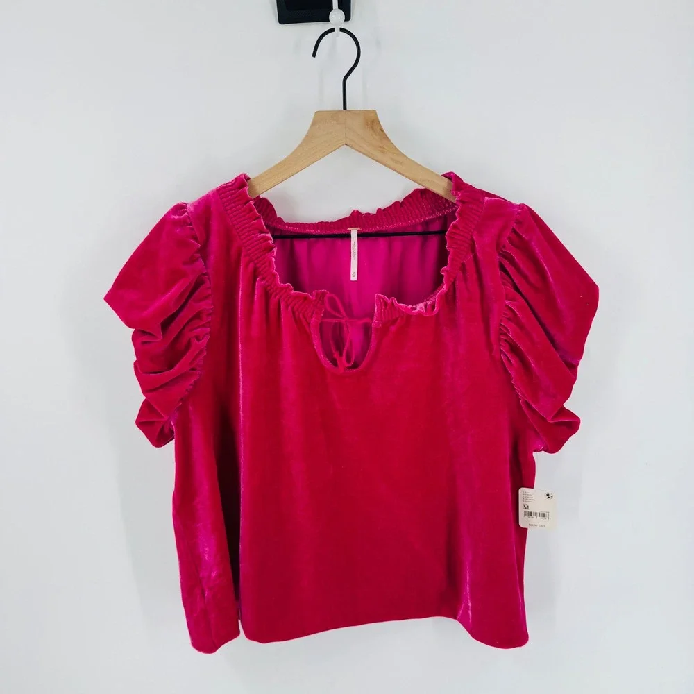 Free People Magenta Velvet Puff Sleeve Top NWT Size M Pink Smocked Boho Festival